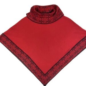 Alpaca Wool Red Turtleneck Poncho Black Fair Isle Knit One Size OS Flawless
